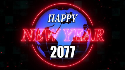 Animation of happy new year 2077 red letters. Alpha Channel and grid and global Screen background. A beautiful animated Happy new year background with abstract element and textures