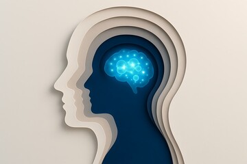 Human head layered silhouette papercut design with glowing brain highlights abstract concept showing intelligence thinking creativity psychology inspiration neuroscience futuristic mental health 