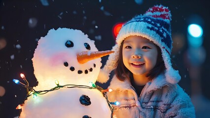 Smiling child in winter hat standing beside snowman decorated with colorful Christmas lights during snowfall at night, joyful holiday season outdoor portrait
