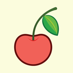 Simple Illustrated Cherry with Stem and Leaf Against Light Yellow Background