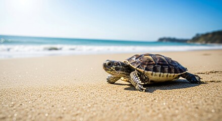 Small turtle crawling on sandy beach towards blue ocean. Wildlife animal moving on tropical shore. Conservation nature concept.