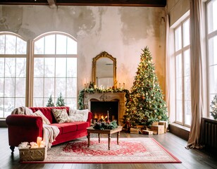 Festive room with a red sofa, Christmas tree, and fireplace