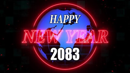 Animation of happy new year 2083 red letters. Alpha Channel and grid and global Screen background. A beautiful animated Happy new year background with abstract element and textures