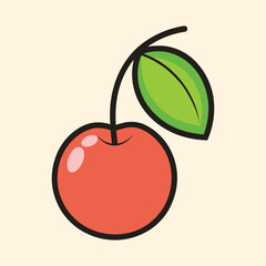 Cartoon cherry fruit illustration with green leaf and black outline design
