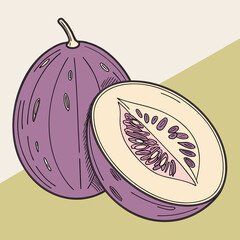 Illustration of a whole purple pepino melon and a halved pepino melon showing seeds