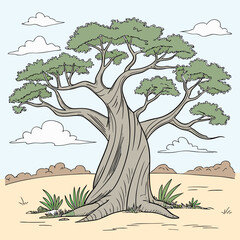 Stylized illustration of a large baobab tree in a savanna landscape with clouds