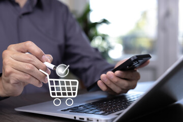 online shopping concept, marketplace website with virtual interface of online Shopping cart part of the network, Online shopping business with selecting shopping cart.