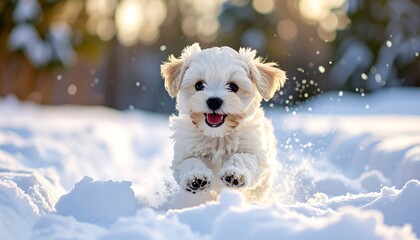 Adorable puppy running in snow