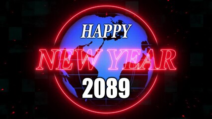 Animation of happy new year 2089 red letters. Alpha Channel and grid and global Screen background. A beautiful animated Happy new year background with abstract element and textures