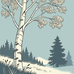 Stylized illustration of a birch tree in a serene winter landscape with pine trees and distant mountains