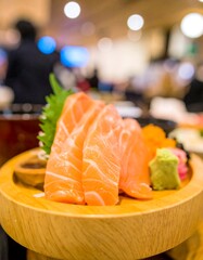 Fresh salmon sashimi on a wooden plate