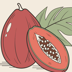 Stylized illustration of a whole and sliced ripe papaya with green leaves on a cream background