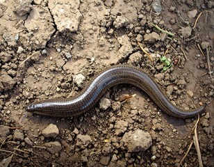 A slender, dark-grey reptile slithers across a textured surface of dry earth and small rocks.