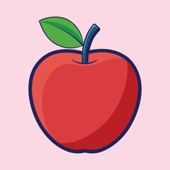 Cartoon Red Apple with Green Leaf on Pink Background Illustration
