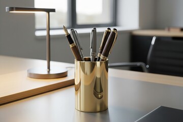 Elegant Brass Pen Holder with Luxury Pens on Modern Desk
