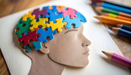 Illustrative depiction of autism awareness with a puzzle piece brain, Conceptual art: Unlocking the mysteries of the autistic mind with vibrant puzzle pieces