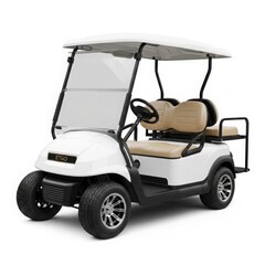 Modern white electric golf cart with tan seating