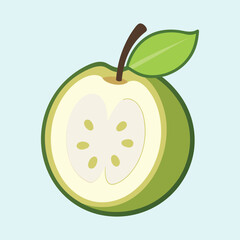 Illustrative crosssection of a green apple with stem and leaf