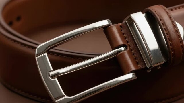 Close-up of a brown leather belt with a silver buckle accessory