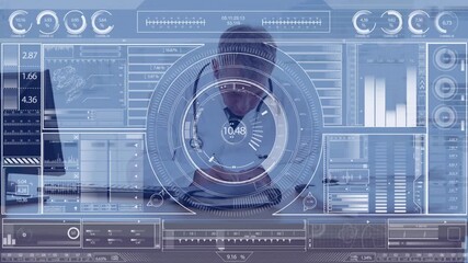 Animation of digital hud interface with database over male caucasian doctor writing report on desk - Powered by Adobe