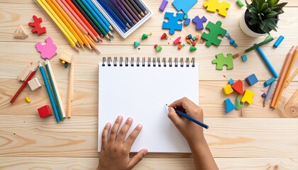 Child's creative space with drawing pad, colorful pencils and toys on the table, A creative child's workspace filled with diverse toys and stationery