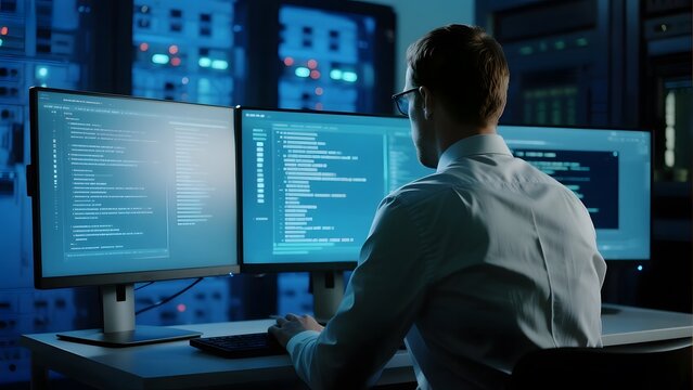 Programmer working on multiple monitors in a server room filled with data racks.