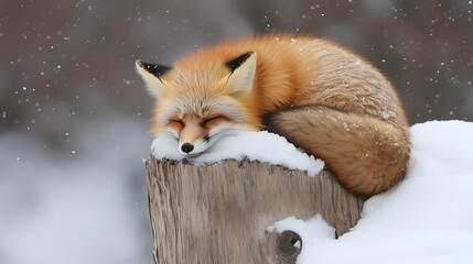 Curled Red Fox (Asleep) Leaning on Snow-Covered Wooden Post, Orange Fur with Black-White Accents, Snowfall
