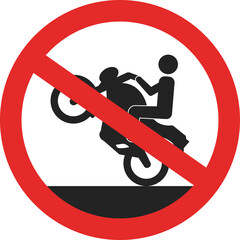 Isolated illustration of a sign prohibiting freestyle motorbike stunts on this road. No motorbike wheelie sign