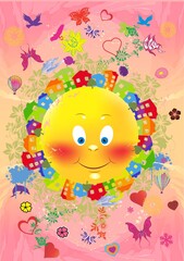 composition with fairytale colorful houses and the sun