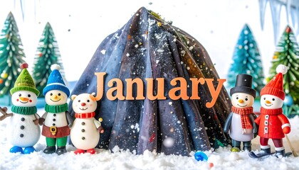 Festive snowmen surround a sculpted mountain with "January" spelled out in front