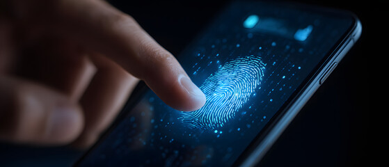 digital identity and cybersecurity of personal data afety on digital storage o wallet concept, wide bannr of mobile smartphone usig biometric finger print ad Two-factor authenticatio app login