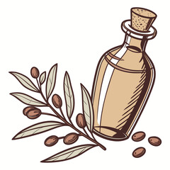 Vector art of hand drawn illustration of a vintage bottle with cork and olive branch, , perfect for essential oils, perfumes, or other natural remedies and beauty products