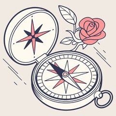 Vector art of vintage compass with a delicate rose illustration, perfect for travel, adventure, or romantic themes, with a handdrawn, decorative style © MST SAHIDA  BEGUM 