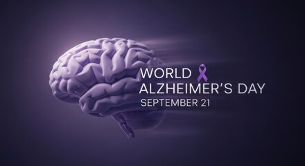 Purple ribbon with brain illustration for World Alzheimer’s Day in September 21th, symbolizing memory health, dementia awareness, medical research, global care, and support campaigns
