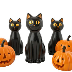 Fototapeta premium halloween spooky party ideas Three black ceramic cats surrounded by carved pumpkins.