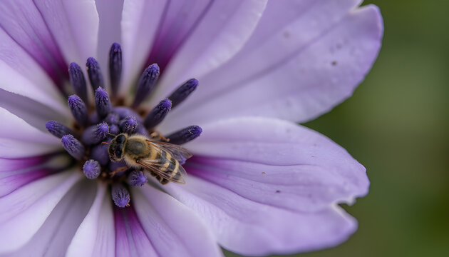 A bee gathering pollen from a vibrant purple African daisy in the summer sunlight. - Powered by Adobe
