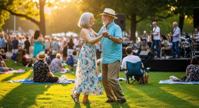 An elderly couple dancing on a grassy field at sunset, with a crowd of people in the background.