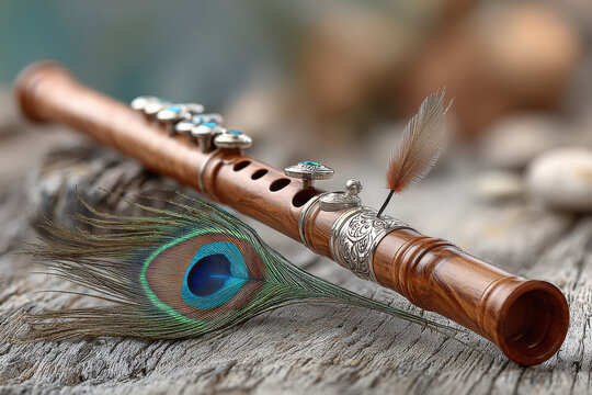 a beautiful flute with a single peacock feather at the end of flute.