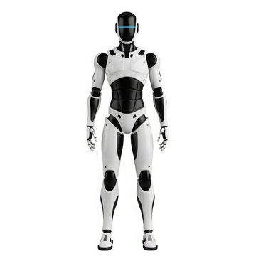 Futuristic humanoid robot standing against a white background