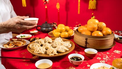 Festive table laden with dumplings, oranges, teacups, and other dishes