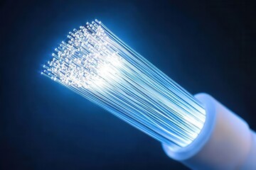 A close-up of glowing optical fibers emitting blue light, showcasing technology used in telecommunications and lighting applications.