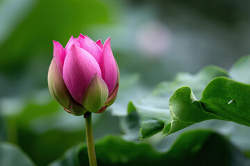 A lotus bud is about to bloom, surrounded by green leaves and pink petals, The pond in the background