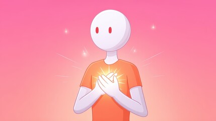 An illustration in cartoon style of a white character holding its chest with a glowing heart inside, symbolizing self-acceptance.