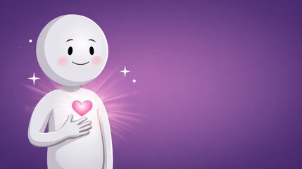 An illustration in cartoon style of a white character holding its chest with a glowing heart inside, symbolizing self-acceptance.