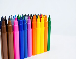 Fototapeta premium A vibrant collection of colorful markers stands neatly arranged, showcasing a spectrum of hues against a plain white background.