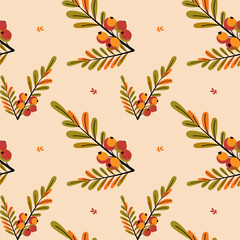 Seamless pattern with viburnum berries, green leaves, and branches. Autumn botanical ornament in flat vector style. Endless texture for fabric, wrapping paper, wallpaper, and traditional decorative 