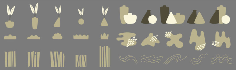 Set of Decorative Design Projects Botanical Shapes, Plants, Leaves in Vases, Various Shapes of Vases, Green Grass, Rectangular Shapes Lined Up, Organic Lines and Minimalist Abstract Vector Decorative 