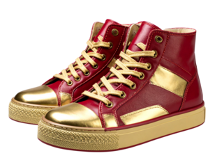 Fashionable High-Top Sneakers with Red and Gold Accents PNG