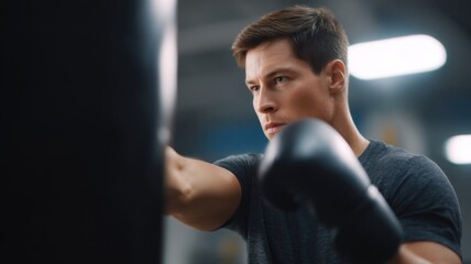 Intense boxer training with a punching bag in a gym setting.