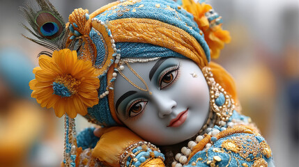 beautiful Lord Krishna idol beautifully decorated with peacock feathers.